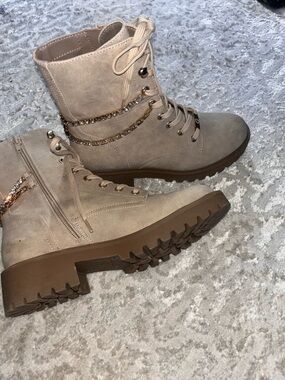 C Taupe Lace-Up Combat Boots with Chain & Rhinestone Accent